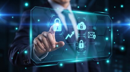 Fototapeta premium Professional businessman touching digital cyber security interface with padlock icons for data encryption and cloud computing safety in high tech office environment