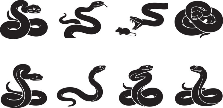 Black snake silhouette icons, set of 8 serpent vector illustrations, wild reptile predator graphics, coiled cobra and viper symbols for logo design isolated on Transparent Background