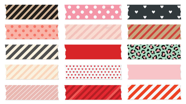 Decorative washi tape set with 15 vector elements, patterned adhesive masking tape strips, colorful scrapbooking ribbons for digital journaling