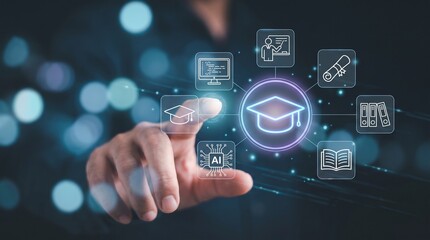Fototapeta premium Person touching digital interface with education icons including graduation cap and artificial intelligence symbol in modern learning environment for edtech and online training concept