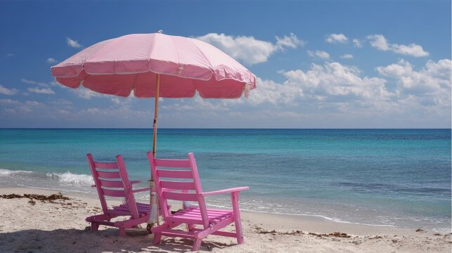 Little pink parasol and beach chair on sandy shore with turquoise ocean, sunny summer seaside vacation scene, tropical coastal relaxation background with copy space