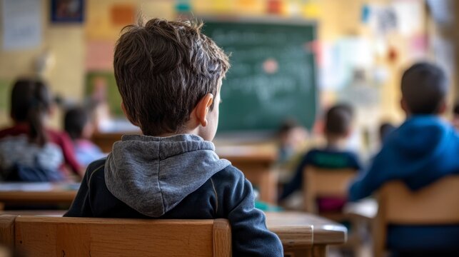 Young boy sits in classroom, facing away from camera, attentive to lesson.
