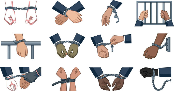 Law Enforcement Handcuffs and Prisoner Detention Vector Set Featuring Handcuffed Suspects Jail Bars Key Unlocking and Diverse Skin Tones