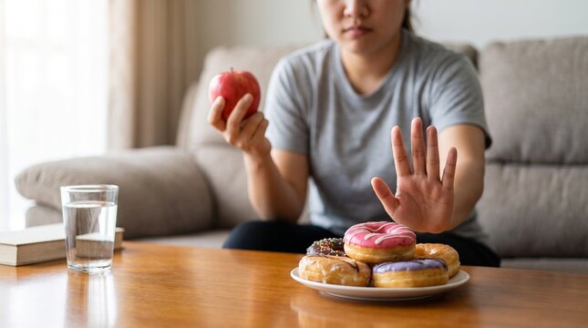 Woman sitting on couch holding red apple and making rejection gesture towards plate of donuts for healthy lifestyle decisions and resisting sugar cravings in cozy home setting