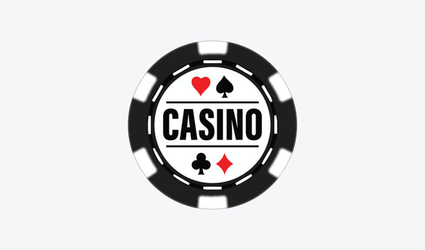 Casino poker chip with playing card suits and text on reflective black surface vector