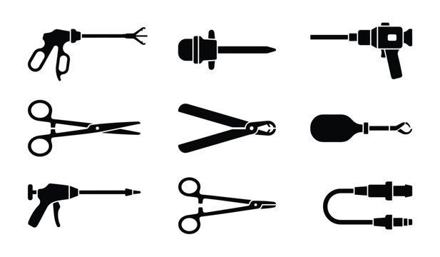 Surgical instruments collection with laparoscopic tools and medical equipment on white background