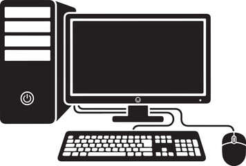 Fototapeta premium Desktop Computer Set Vector Illustration: PC Workstation with Monitor, Tower, Keyboard, Mouse and Cables Silhouettes 