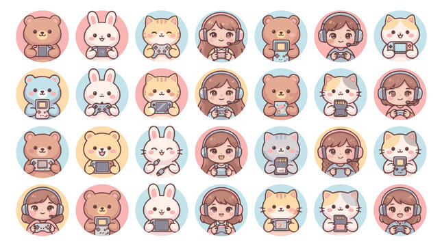 Collection of kawaii gaming avatars featuring cute animals including bears, cats, rabbits and girls wearing headsets and holding gamepads, controllers, and handheld consoles.