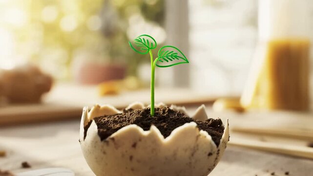 Green seedling emerging from cracked eggshell planter on sunlit wooden tabletop, with dark soil, soft bokeh, warm daylight, and natural eco friendly growth mood