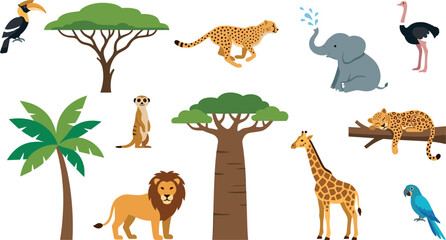 African Safari Wildlife and Savannah Trees Graphic Element Set Featuring Lion Giraffe Elephant Cheetah Leopard Meerkat Baobab and Palm Tree Vector © KP Studio