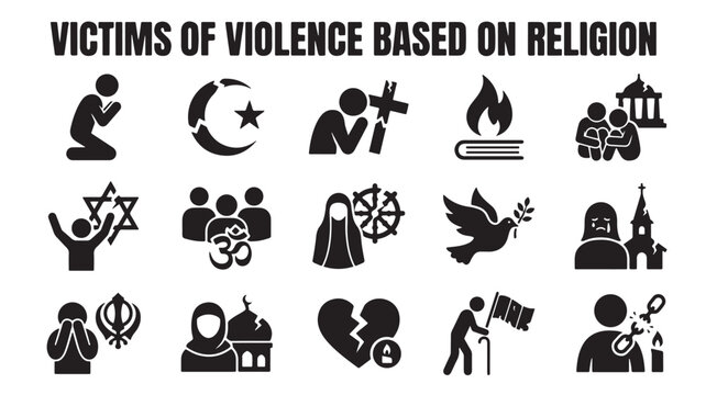 Victims of violence based on religion, religious persecution icons, faith-based conflict symbols, oppression graphics