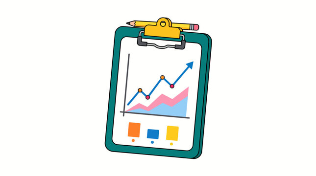 A blue clipboard equipped with a pencil displaying an upward graph and supplementary bar charts for financial tracking