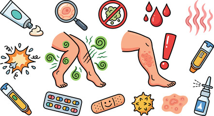 Allergy and Skin Dermatitis Doodle Sticker Set with Itchy Legs Rash Medical Cream EpiPen Pills Bandage and Inflammation Symptoms Vector Illustrations © KP Studio