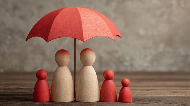 Umbrella sheltering wooden family figures with copy space, family protection concept, insurance coverage, financial security, life planning, risk management, home and future safety symbol