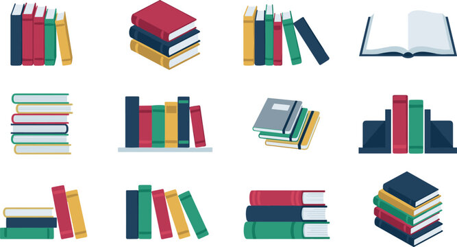 Minimalist Book and Library Stack Vector Icon Set Featuring Textbook Bundles Open Pages Bookshelves and Isometric Literature Layouts