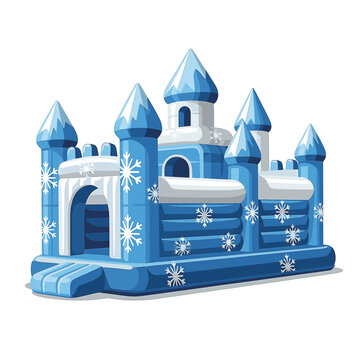Blue and white inflatable bounce house castle with winter snow theme, featuring snowflake patterns, multiple turrets with ice-capped roofs, and an entrance ramp on a plain white background.
