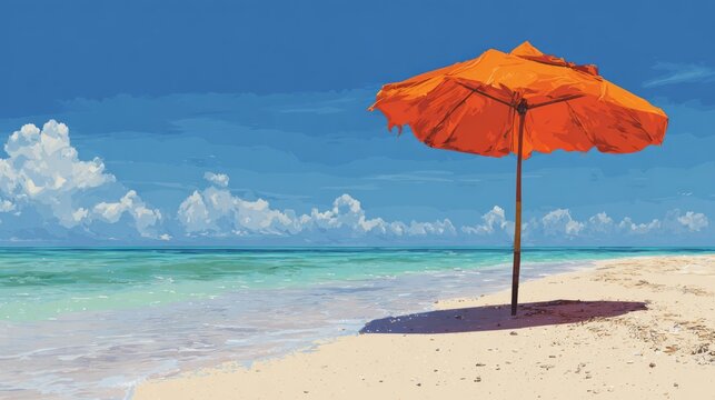 Colorful beach umbrella on a pristine tropical sandy beach under clear blue sky during a hot summer day, peaceful seaside vacation destination with relaxing coastal landscape and sunny travel atmosphe
