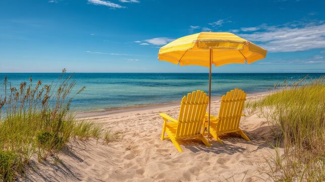 Two yellow beach chairs with matching umbrella on sandy beach overlooking the Atlantic Ocean in Nantucket, Massachusetts, USA, peaceful summer vacation destination with scenic coastal landscape and re