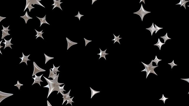 Stars made of chrome appear and fall down in a dark space. The animation shows their movement and shapes clearly. This creates an interesting visual effect for the audience