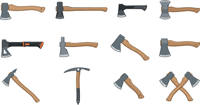 Professional Axe and Hatchet Vector Tool Set Featuring Felling Splitting Firewood Camping Tactical Double Bit Axes and Ice Pick Icons