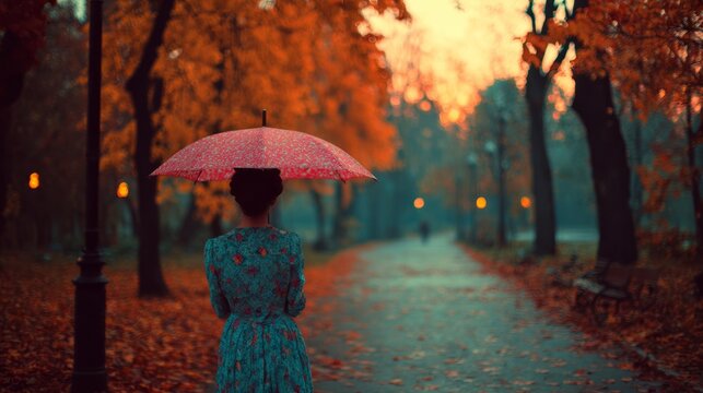 Woman walking through autumn park with umbrella at sunset, back view of female enjoying peaceful fall season nature scenery with golden sunlight, colorful trees, and relaxing outdoor lifestyle atmosph