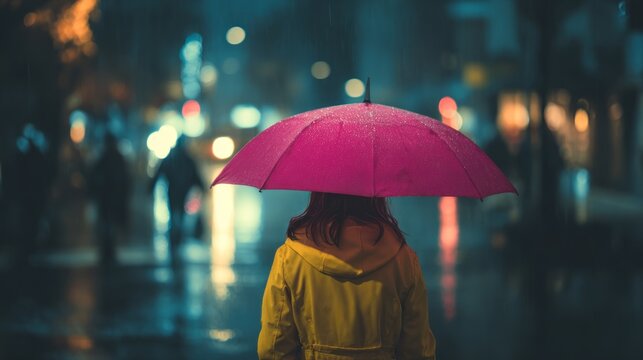 Woman in yellow raincoat holding bright pink umbrella on rainy night, walking through wet city street with glowing reflections, colorful weather protection, urban lifestyle, monsoon atmosphere and dra