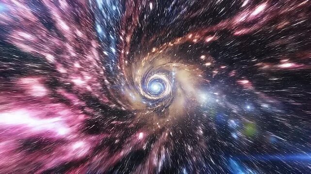 Stunning cosmic spiral galaxy with bright center and colorful stars in deep space background