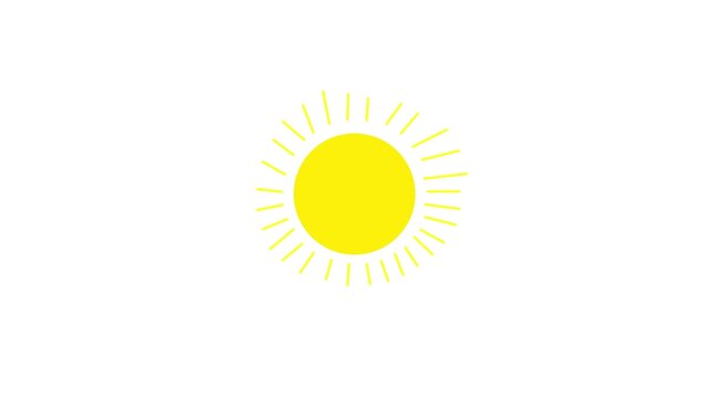 Sun icon designed in vibrant yellow minimalist style sits perfectly isolated on a pure white background, serving as a versatile asset for print media, web interfaces, and various creative marketing.