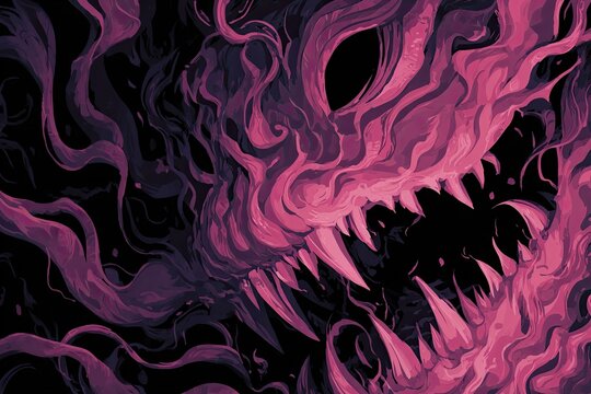 A surreal depiction of a monstrous entity, composed of swirling magenta and purple smoke