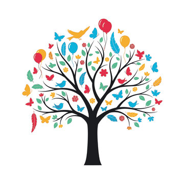 Vector illustration of a black tree silhouette decorated with a variety of colorful birds, butterflies, balloons, feathers, flowers, and leaves isolated on a plain white background.