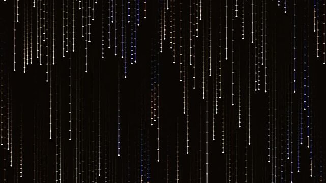 Cinematic abstract data stream: vertical falling glowing particles on dark background