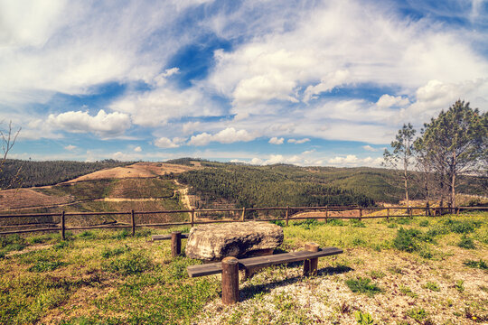 The resting place with a beautiful view of the mountain near the Zezere river. Ferreira do Z&ecirc;zere, Portugal