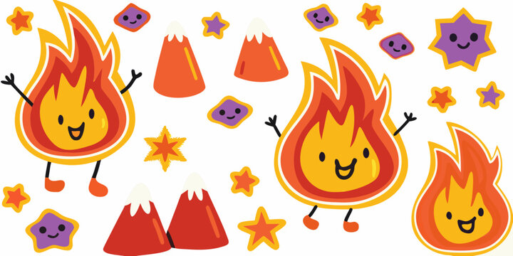 Smiling Fire Flames And Mountains Colorful Vector Illustration