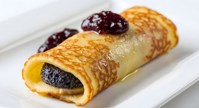 Macro shot of lokse or Slovakian thin flatbread pancake, with powder sugar and some prunes on a white platter. Suitable for breakfast, food styling and food catalog ideas