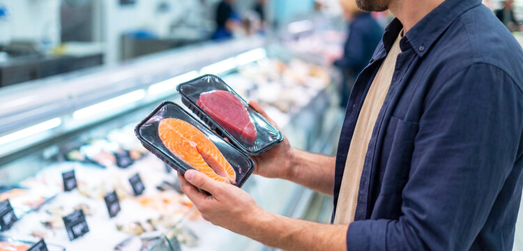Young man holding salmon steak and tuna steak while choosing a product in supermarket seafood section. Concept of food selection and grocery shopping.