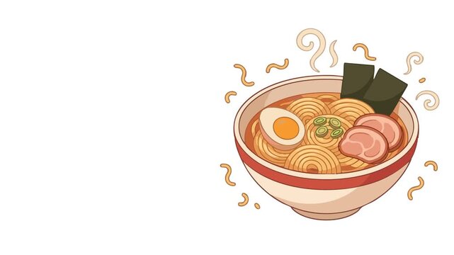 Ramen Noodle Bowl Animated Illustration with Hot Steaming Broth