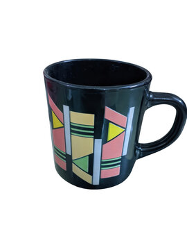 Black coffee mug with colorful geometric pattern design