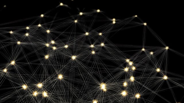 Dense illuminated network of glowing nodes with thin translucent lines over black background, forming layered golden mesh with bright halos across lower half and deep negative space above