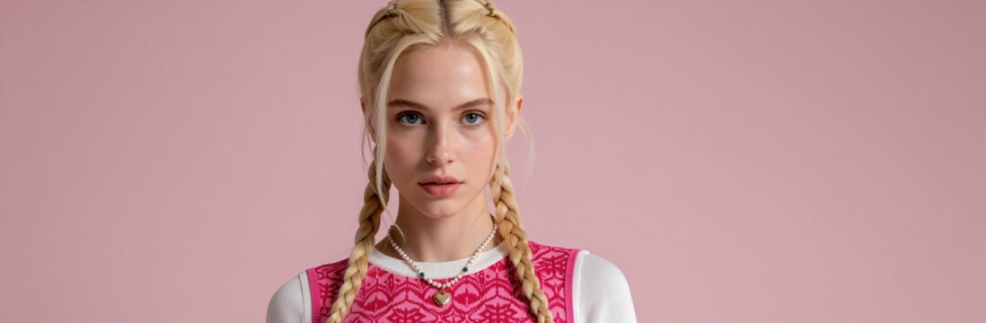 Portrait of young woman with double braids and heart necklace