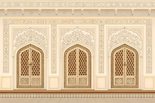 Flat vector artwork of carved palace wall featuring three arched jali windows, cream and beige tones, symmetrical composition