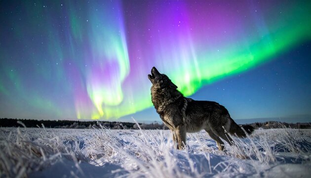 An epic fantasy photo, showing a massive howling dire wolf in a field of frosted grass, silhouetted. Above, a complex, multicolored phoenix-shaped aurora made of green, purple, and blue.
