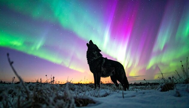 An epic fantasy photo, showing a massive howling dire wolf in a field of frosted grass, silhouetted. Above, a complex, multicolored phoenix-shaped aurora made of green, purple, and blue.