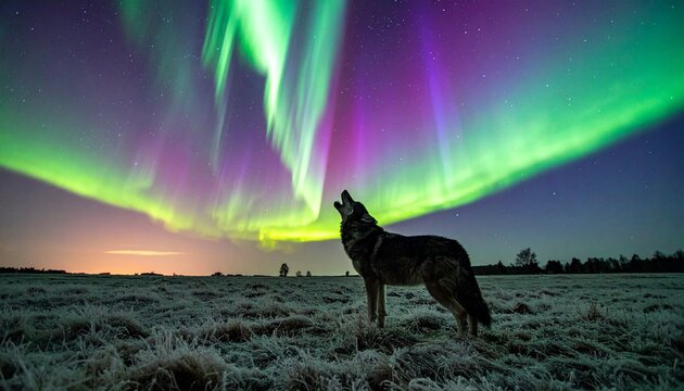 An epic fantasy photo, showing a massive howling dire wolf in a field of frosted grass, silhouetted. Above, a complex, multicolored phoenix-shaped aurora made of green, purple, and blue.