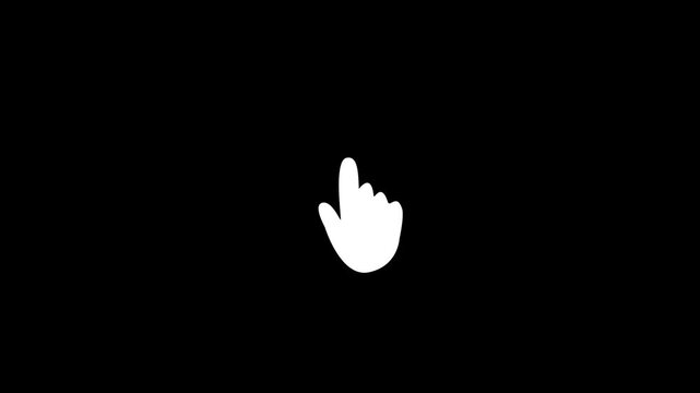 White hand cursor icon clicking or pointing on a black background for user interface web design and digital interaction concepts