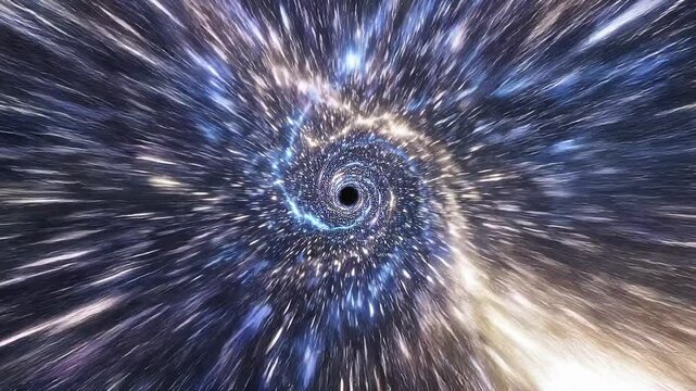 Stunning cosmic black hole with swirling stars and galaxy in deep space background