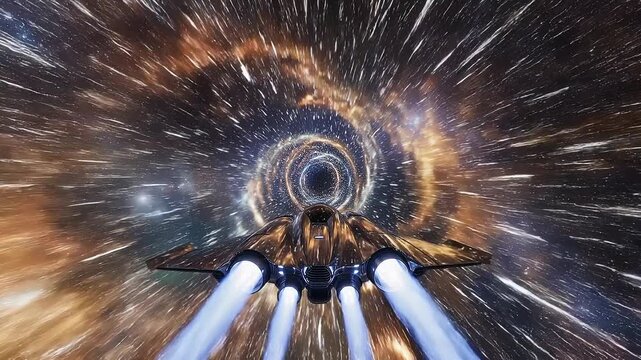 Futuristic spaceship traveling through a vibrant cosmic wormhole in deep outer space with bright stars and colorful nebula