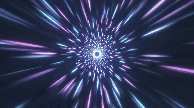 Abstract futuristic tunnel with glowing purple and blue light streaks in space background