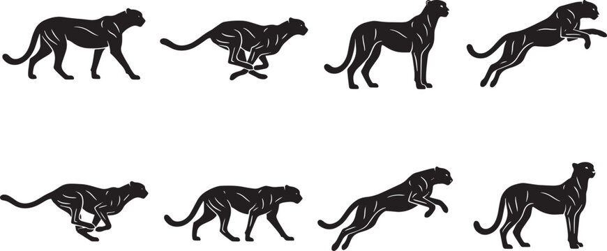 Black cheetah silhouette vector set, wild leopard running and jumping icons, 8 predatory cat motion poses for wildlife logo design isolated on Transparent Background