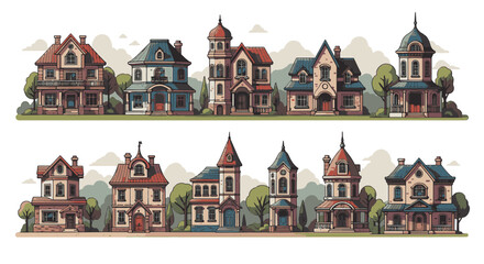 Obraz premium Set of ten diverse architectural house illustrations in a clean vector style, featuring various cottage and mansion designs with trees and clouds on a white background.
