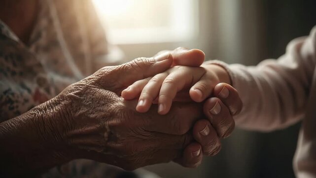 Generational Connection: A gentle close-up of an elderly hand holding a child's hand, symbolizing love, care, and the passage of time.